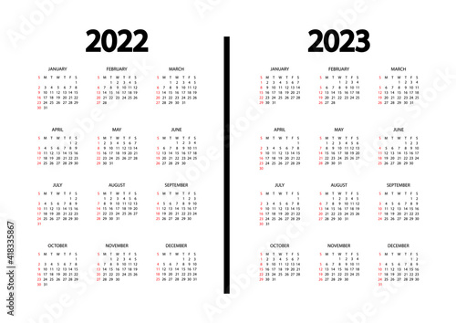 Calendar 2022, 2023 year. The week starts on Sunday. Annual calendar template. Yearly English calendar. Yearly organizer in minimal design. Portrait orientation