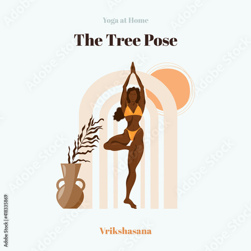 The tanned figure of a girl in the balance Tree Pose Vrikshasana. Yoga at Home illustration is an easily editable vector suitable landing page, web, app, banner, design, newsletter, presentations.
