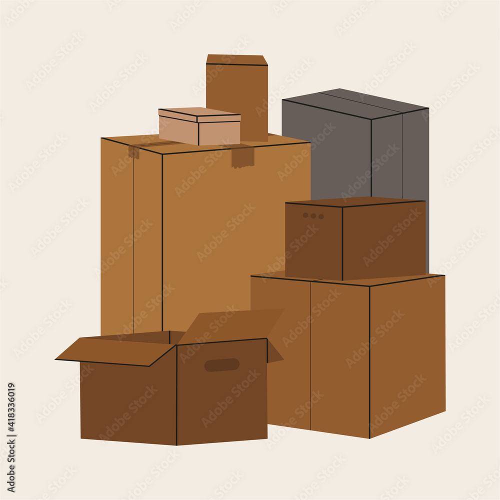Moving and packing concept. Various cardboard boxes in different sizes. Postal items. Isolated vector stock illustration. simple style. Cartoon style, trendy design. The boxes are brown. Moving and packing concept. Various cardboard boxes in different sizes. Postal items. Isolated vector stock illustration. simple style. Cartoon style, trendy design. The boxes are brown.