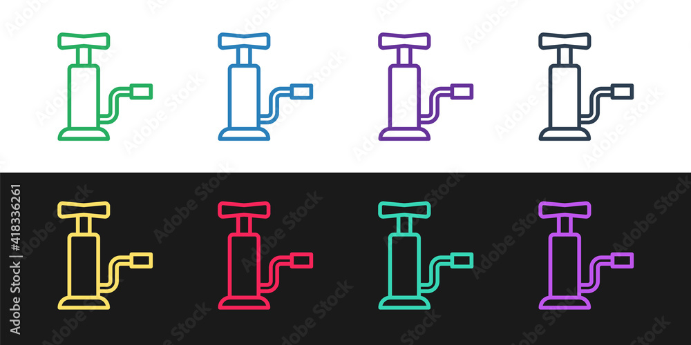 Set line Car air pump icon isolated on black and white background. Vector. Set line Car air pump icon isolated on black and white background. Vector.