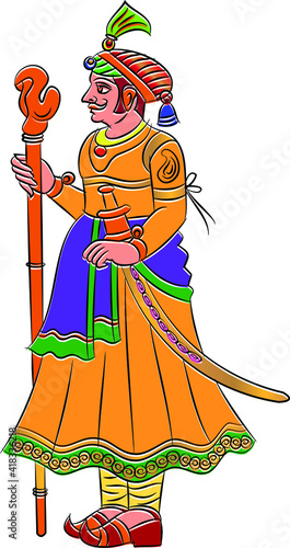 Dwarpal meaning doorkeeper in English. decoration adorning a gateway of the house. Traditional Rajasthani wall painting. For the marriage ceremony. India.