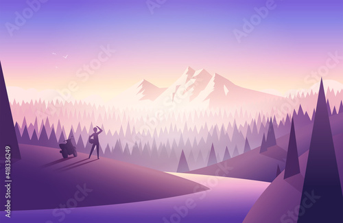 Magical colorful morning mountain landscape with river, forest, where the traveler motorcyclist stands in the foreground