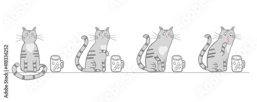 Cute cat with a cup of coffee. Vector cartoon character, comic four cat tries coffee with paw. Hand drawn illustration for children, kids, baby. Design for fabric, textile, wrapping. Soft gray colors