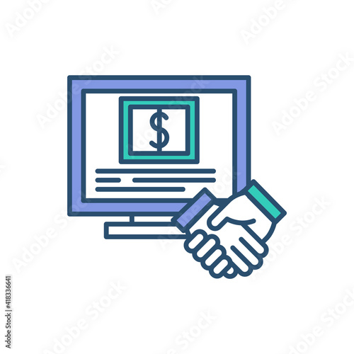 E-commerce RGB color icon. Reselling. Goods, services buying and selling through internet. Electronic commerce. Shopping and sales online. Financial transactions. Isolated vector illustration