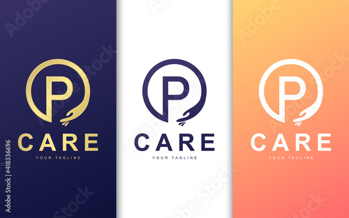 Letter P logo template in hand circular. Modern care logo concept