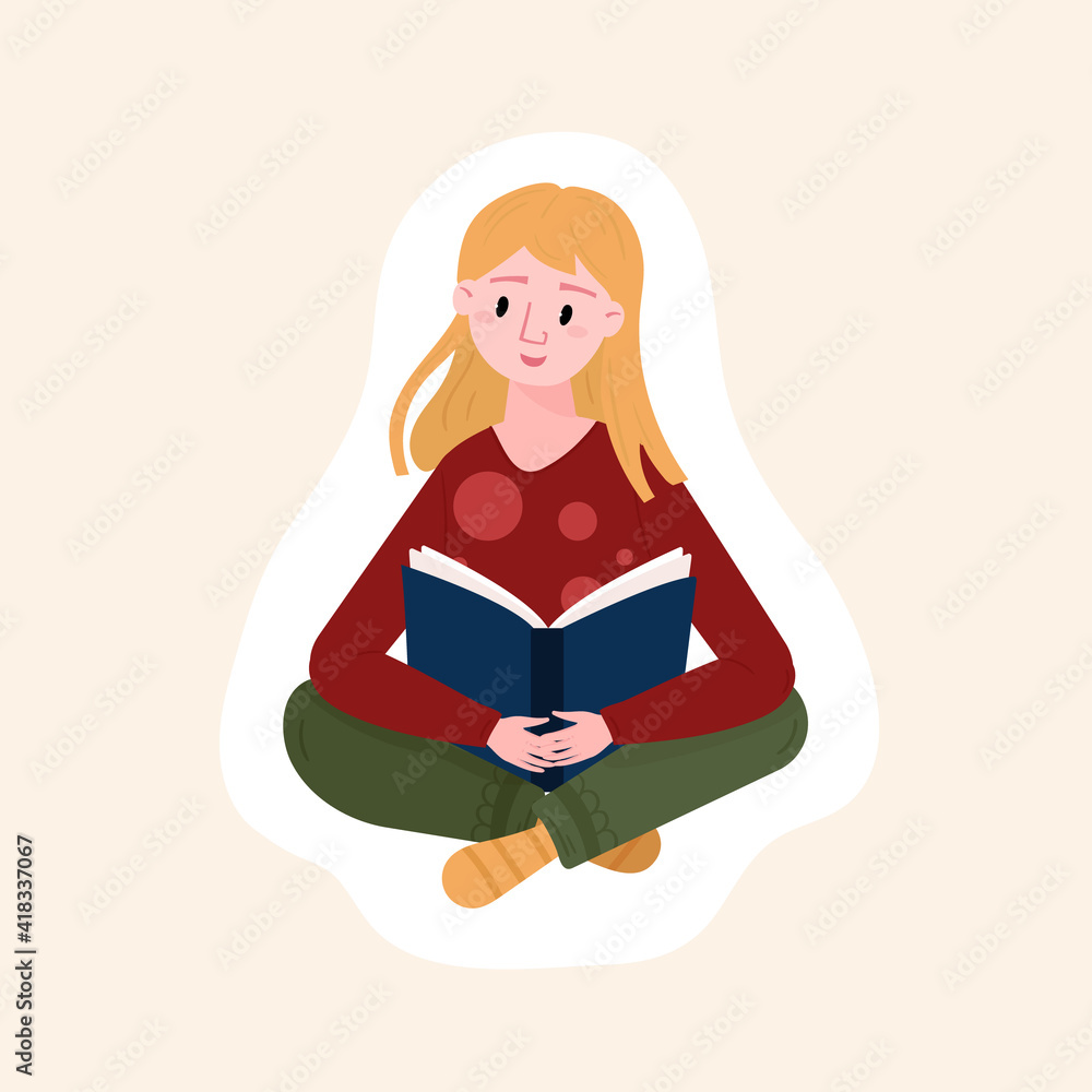 Teen sit with cross legs and read book. Distance learning and self education concept. Sticker of Reader with novel. Girl prepares to exams. Student studying with textbook. Teen sit with cross legs and read book. Distance learning and self education concept. Sticker of Reader with novel. Girl prepares to exams. Student studying with textbook.