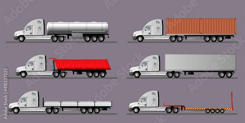 Obraz na plátně A set of images of a modern American truck with different variants of semi-trailers