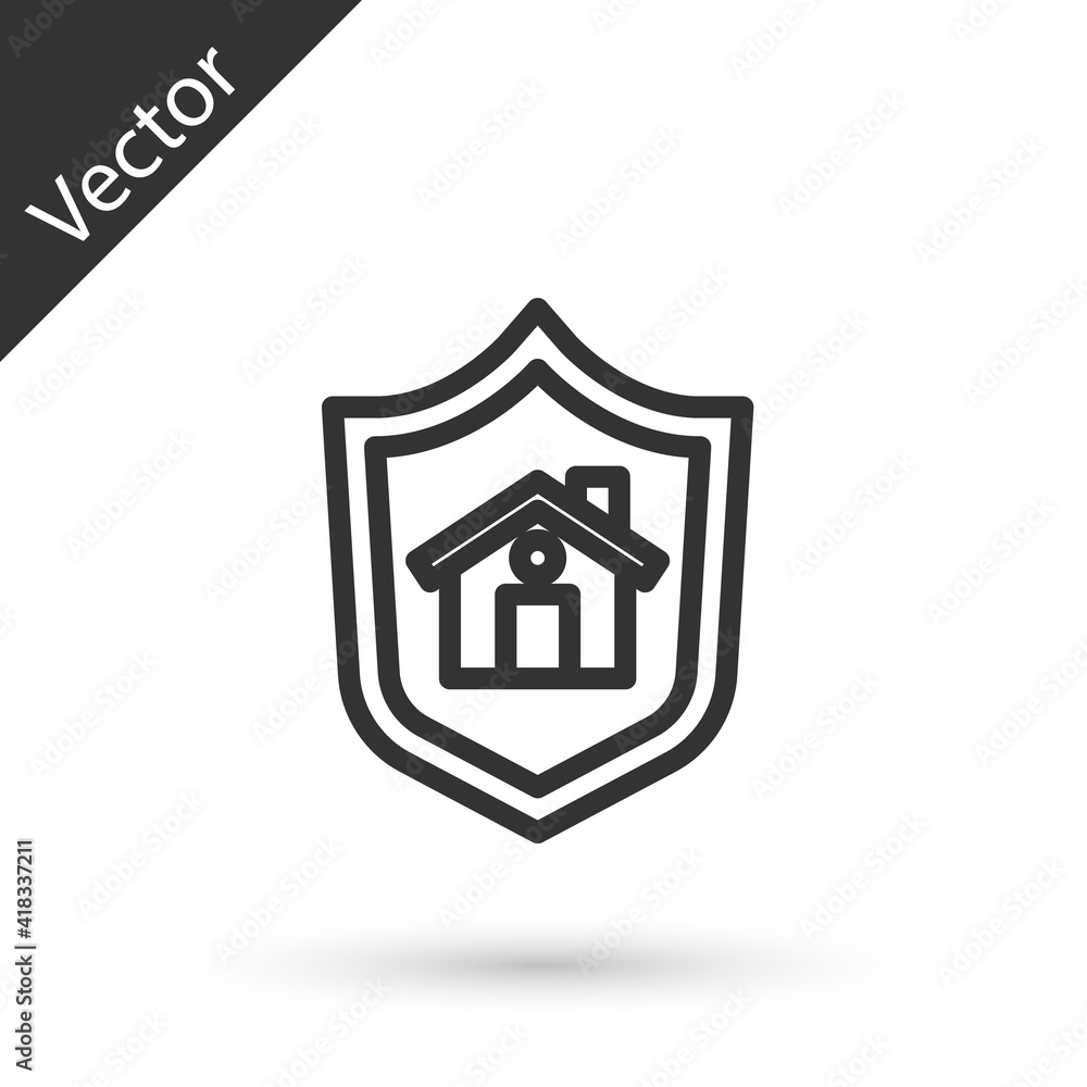Grey line House with shield icon isolated on white background. Insurance concept. Security, safety, protection, protect concept. Vector. Grey line House with shield icon isolated on white background. Insurance concept. Security, safety, protection, protect concept. Vector.