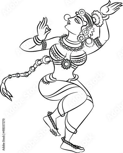 Kalamkari Indian traditional art on linen fabrics. Gopika or Lord's lady servants are drawn in different backgrounds. for textile printing, logo, wallpaper