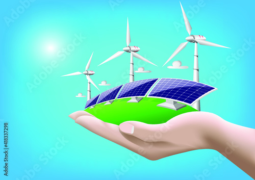 Isolated vector illustration of clean electric energy from renewable sources sun and wind, Renewable energy that is friendly to humans.