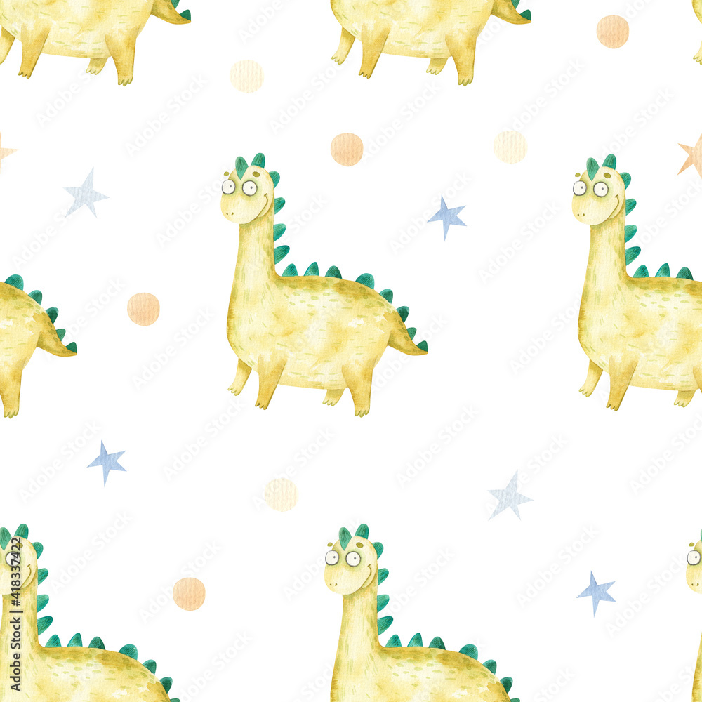 Obraz premium seamless pattern with cute dinosaur green bright color, cute watercolor baby illustration
