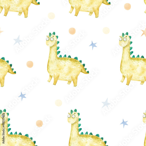 seamless pattern with cute dinosaur green bright color  cute watercolor baby illustration