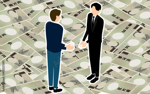 一万円札が敷き詰められた上で名刺交換をするビジネスマン、アイソメトリック