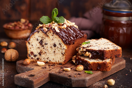 Pound cake with chocolate walnuts and hazelnuts. Delicious homemade dessert. 