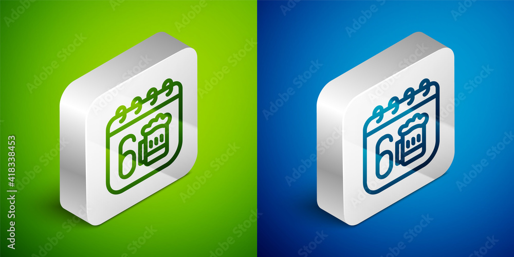 Isometric line Saint Patricks day with calendar icon isolated on green and blue background. Four leaf clover symbol. Date 17 March. Silver square button. Vector. Isometric line Saint Patricks day with calendar icon isolated on green and blue background. Four leaf clover symbol. Date 17 March. Silver square button. Vector.