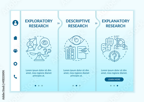 Types of scientific research onboarding vector template. Science. Responsive mobile website with icons. Exploratory and descriptive research. Webpage walkthrough step screens. RGB color concept