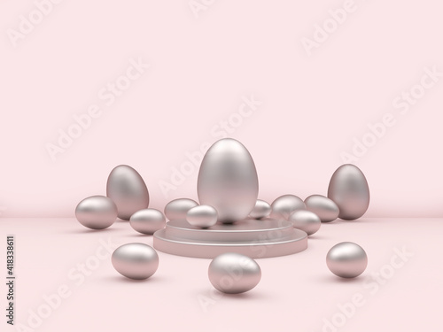A group of silver Easter eggs on a round pedestal in pink pastel colors. 3d illustration 