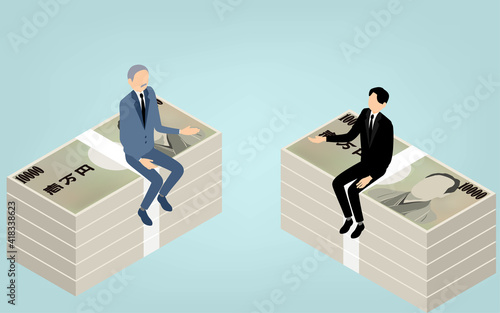 お金の上に座って話をするシニア男性と若い男性、アイソメトリック