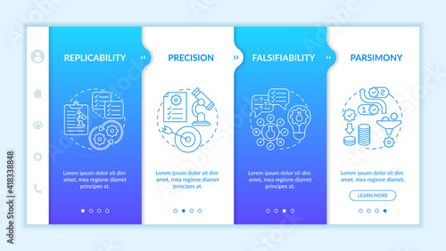 Testing scientific theory and knowledge onboarding vector template. Replicability and falsifiability. Responsive mobile website with icons. Webpage walkthrough step screens. RGB color concept