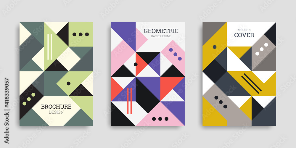 Geometric cover design. Abstract geometric background. Set of A4 vertical retro brochures. Vector illustration. Business template collection in flat style. Design poster, cover, notebook, catalog.
