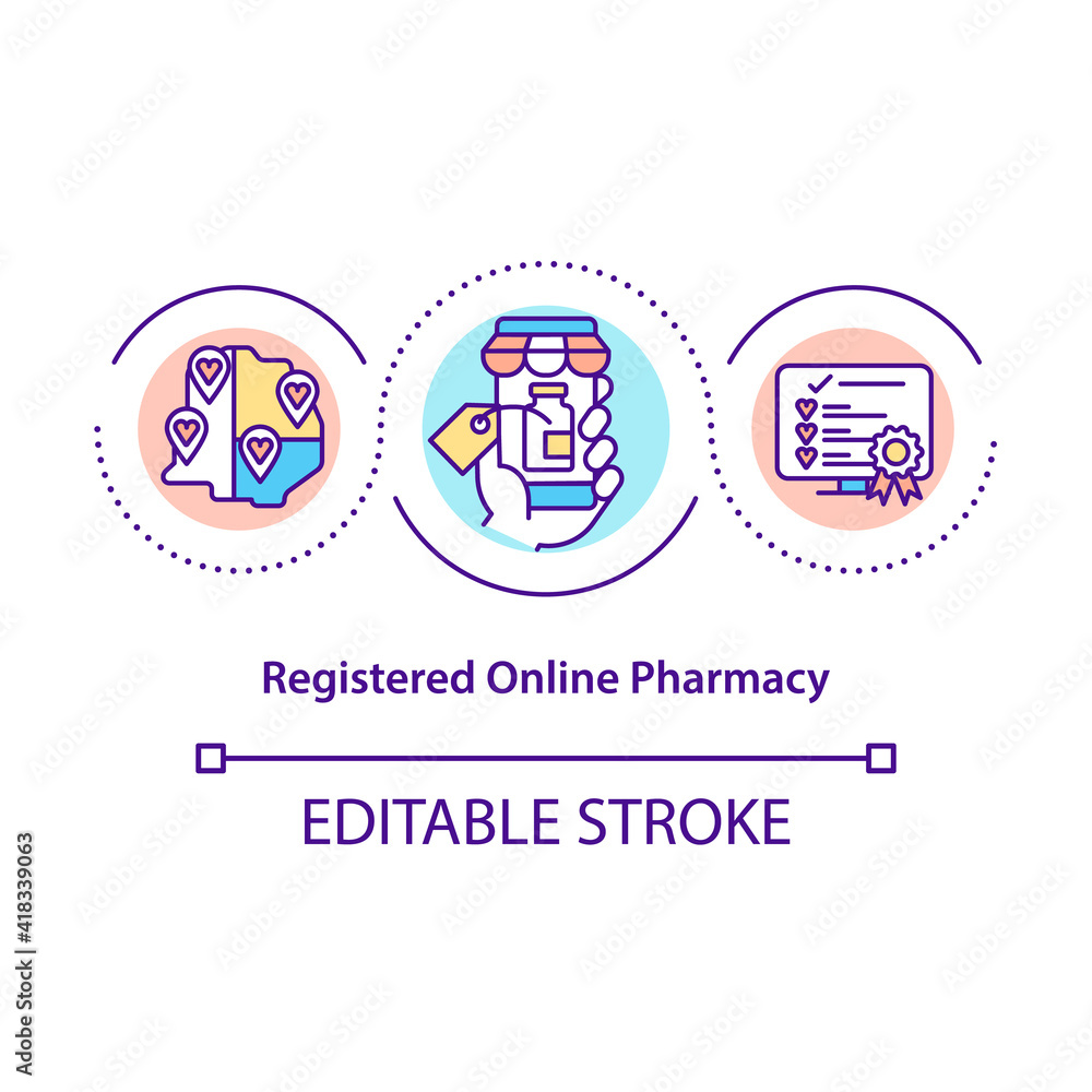 Obraz premium Registered online pharmacy concept icon. Sell quality medicament. Internet store, e-commerce idea thin line illustration. Vector isolated outline RGB color drawing. Editable stroke