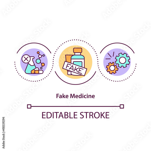 Fake medicine concept icon. Counterfeit drugs. Unhealthy dangerous medication. Online pharmacy idea thin line illustration. Vector isolated outline RGB color drawing. Editable stroke