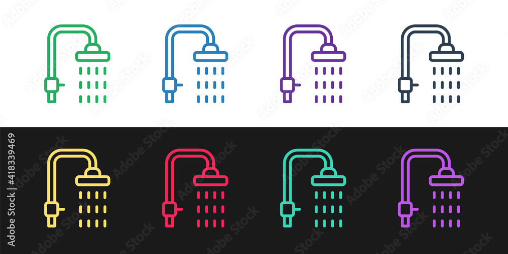 Set line Shower head with water drops flowing icon isolated on black and white background. Vector. Set line Shower head with water drops flowing icon isolated on black and white background. Vector.