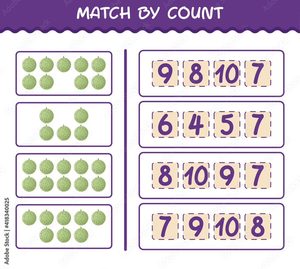 Match by count of cartoon melon. Match and count game. Educational game for pre shool years kids and toddlers Match by count of cartoon melon. Match and count game. Educational game for pre shool years kids and toddlers