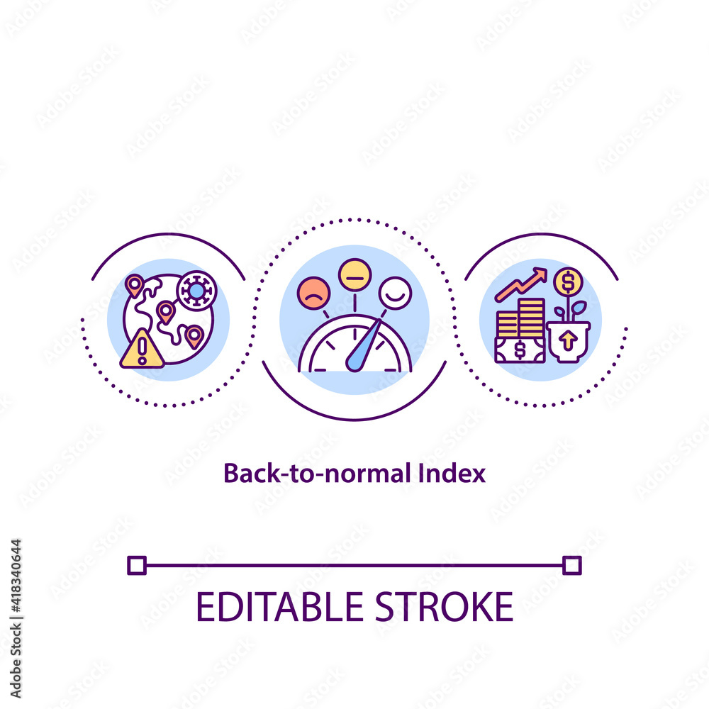 Back to normal index concept icon. Dealing with pandemic financial problems. Fighting with covid idea thin line illustration. Vector isolated outline RGB color drawing. Editable stroke Back to normal index concept icon. Dealing with pandemic financial problems. Fighting with covid idea thin line illustration. Vector isolated outline RGB color drawing. Editable stroke