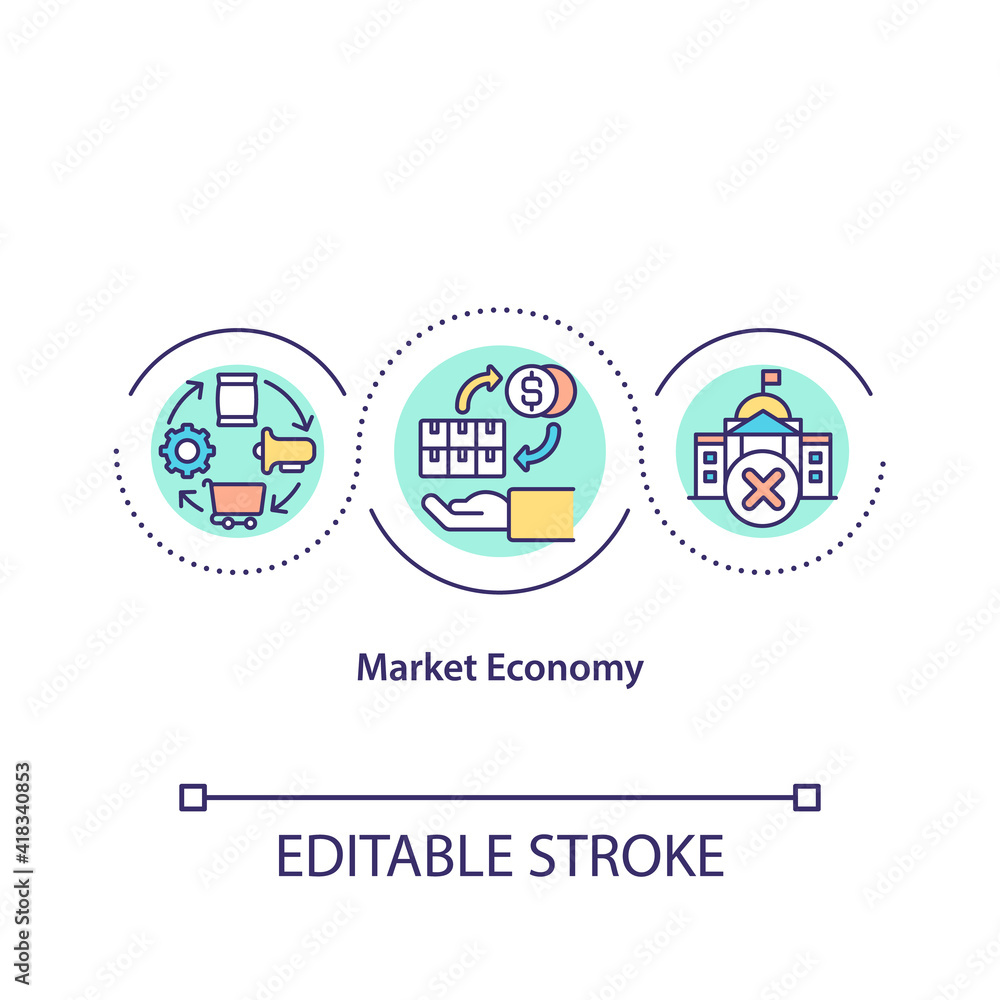 Market economy concept icon. Planning financial strategy during covid pandemic. Economic recovery idea thin line illustration. Vector isolated outline RGB color drawing. Editable stroke