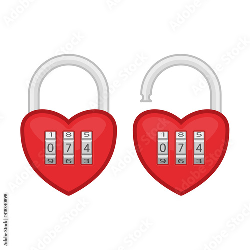 Heart code lock. Open and closed red shiny heart locks shape with combination locks. Love, amour concept. Vector illustration in modern flat style.