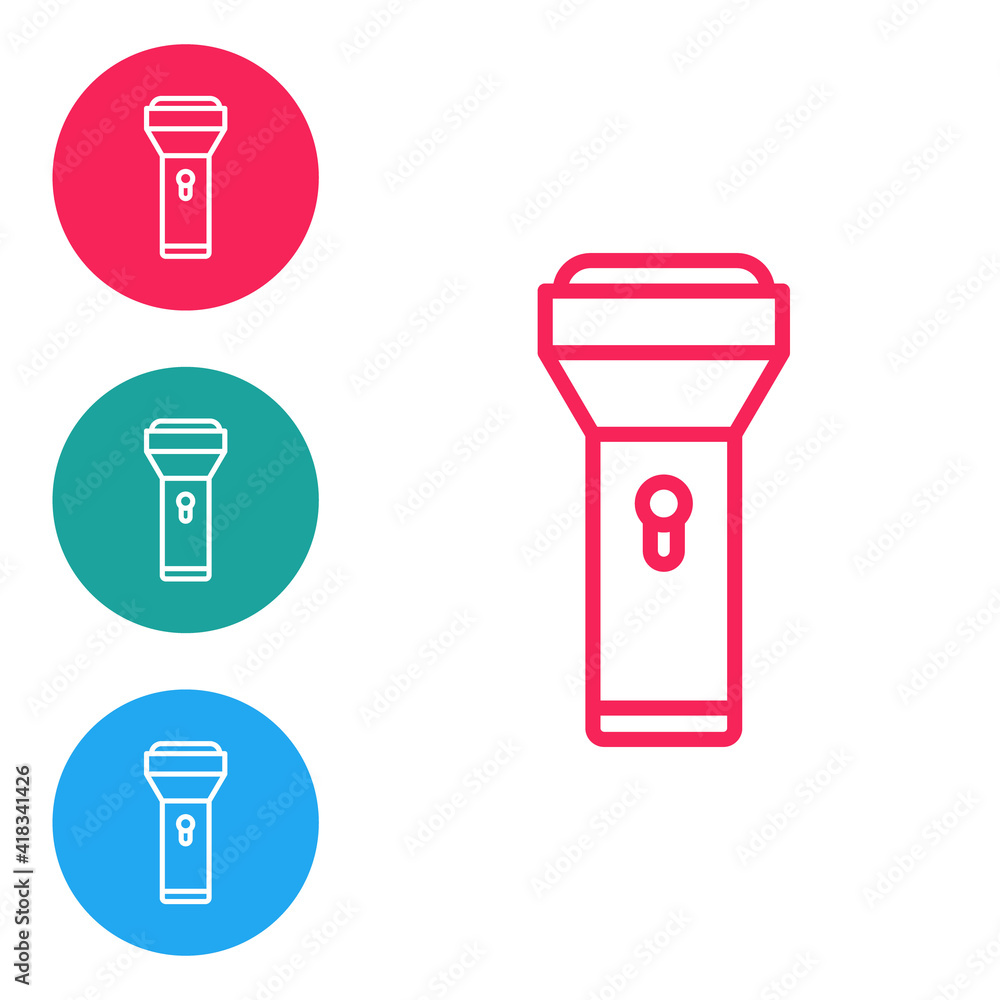 Red line Flashlight icon isolated on white background. Set icons in circle buttons. Vector. Red line Flashlight icon isolated on white background. Set icons in circle buttons. Vector.