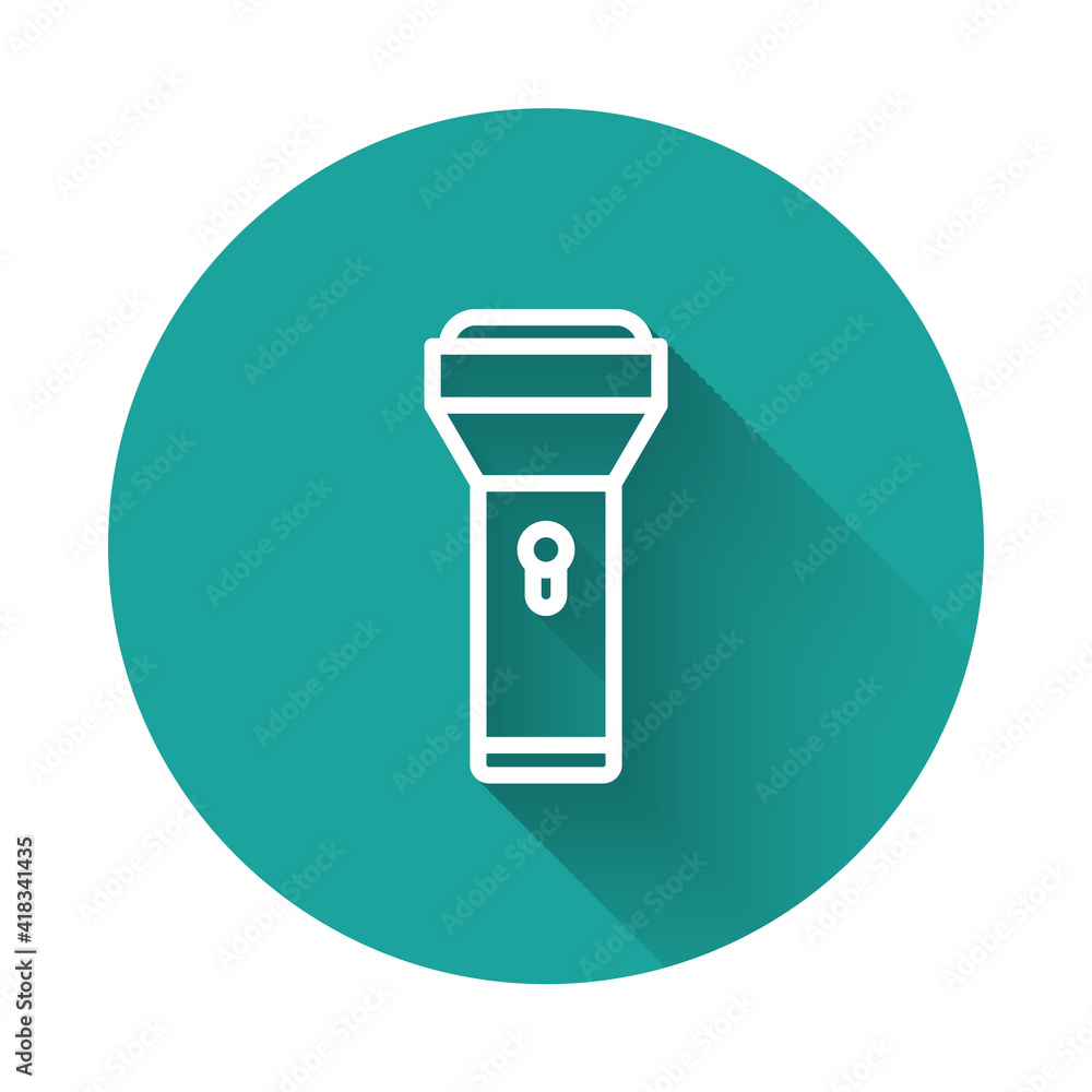 White line Flashlight icon isolated with long shadow background. Green circle button. Vector. White line Flashlight icon isolated with long shadow background. Green circle button. Vector.