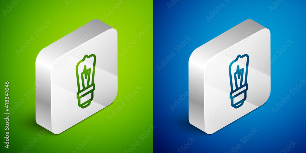 Isometric line Light bulb with concept of idea icon isolated on green and blue background. Energy and idea symbol. Inspiration concept. Silver square button. Vector. Isometric line Light bulb with concept of idea icon isolated on green and blue background. Energy and idea symbol. Inspiration concept. Silver square button. Vector.