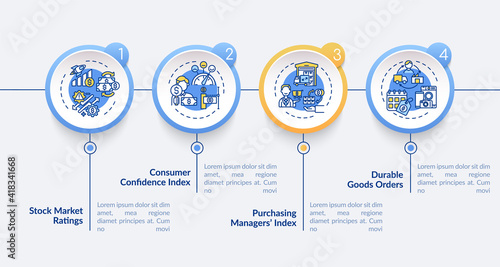 Purchasing index of managers vector infographic template. Stock market presentation design elements. Data visualization with 4 steps. Process timeline chart. Workflow layout with linear icons