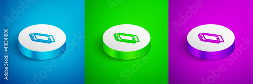 Isometric line Glass screen protector for smartphone icon isolated on blue, green and purple background. Protective film for glass. Transparent soft glass for mobile phone. White circle button. Vector