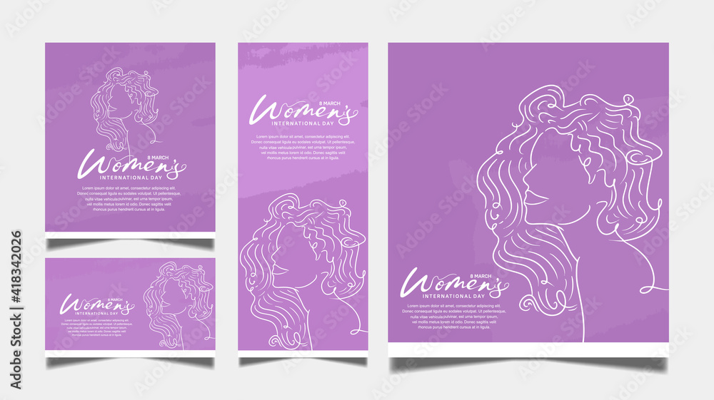women day vector design with woman silhouette line art on purple background