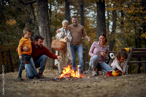Family on picnic in wood