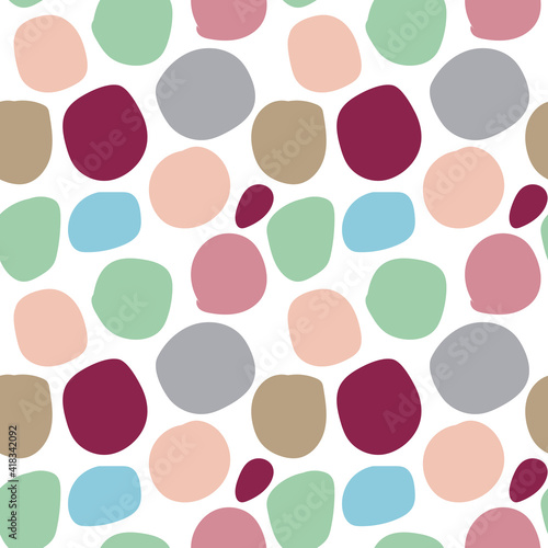 Colorful abstract seamless pattern with uneven round stains, spots, geometrical shapes, splashes background.