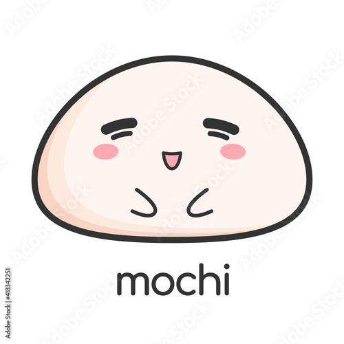 Mochi cute cartoon icon wagashi with emotion. Japanese rice dessert