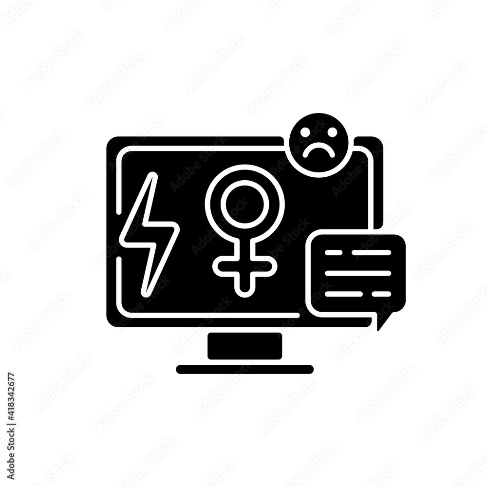 Media sexism black glyph icon. Struggle for women rights. Equalization of the rights of women and men. Establishing social justice. Silhouette symbol on white space. Vector isolated illustration Media sexism black glyph icon. Struggle for women rights. Equalization of the rights of women and men. Establishing social justice. Silhouette symbol on white space. Vector isolated illustration