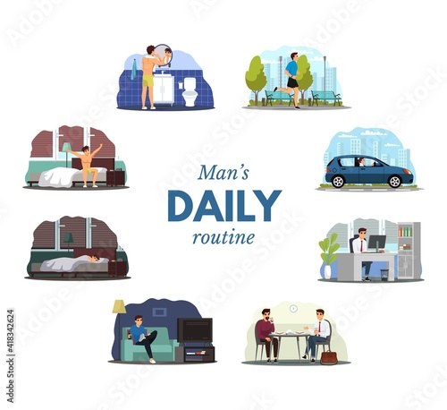 Daily routine of young man. Guy waking up, brushing teeth, running outdoor, commute to work in car, working in office, leisure with tv, sleeping. Schedule vector illustration