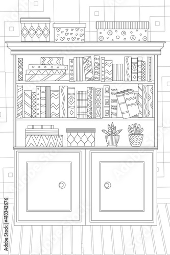 vintage bookcase with shelves of books and pots of flowers. funn