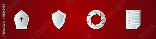 Set Pope hat, Shield, Camera shutter and Document icon. Vector.