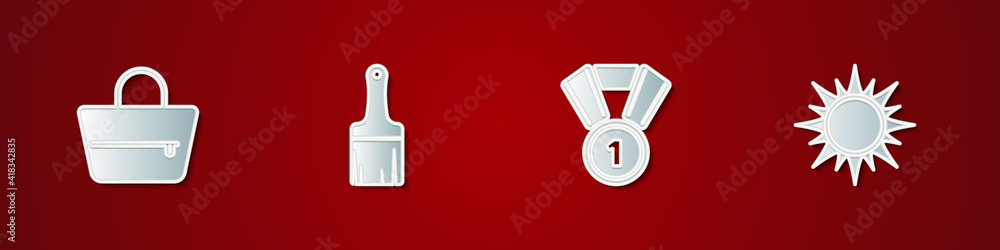 Set Handbag, Paint brush, Medal and Sun icon. Vector. Set Handbag, Paint brush, Medal and Sun icon. Vector.