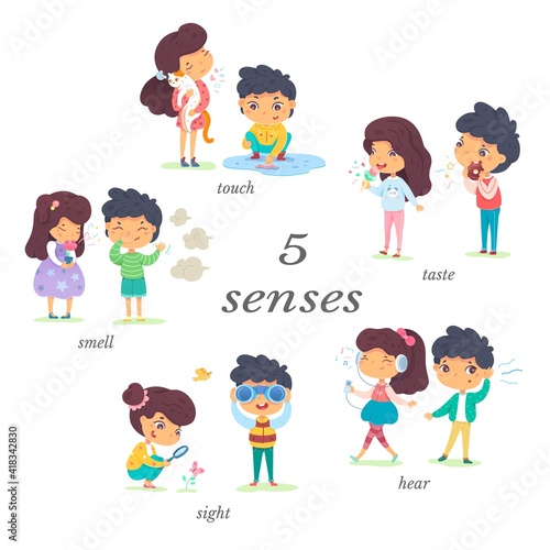 Boy and girl showing five senses set. Sense of sight, touch, hear, smell, taste vector illustration. Small happy children in nature and exploring wonders of spring. Joyful education at childhood