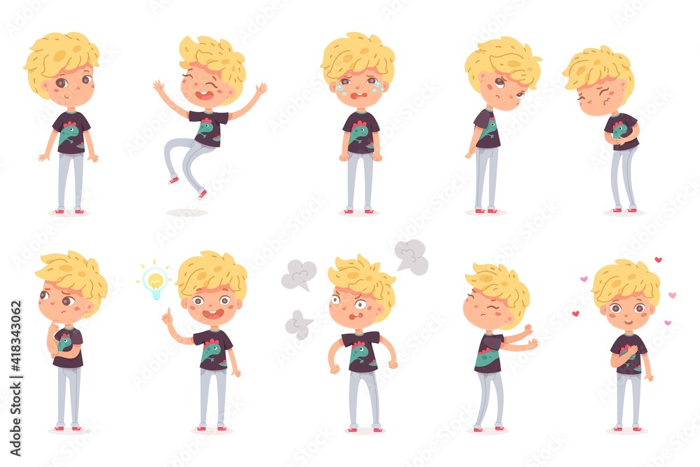 Cute boy gestures and emotions set. Child is angry, happy, crying, sad, arguing, thinking, wondering, in love, brainstorming. Vector character illustration of bundle different types of moods behavior. Cute boy gestures and emotions set. Child is angry, happy, crying, sad, arguing, thinking, wondering, in love, brainstorming. Vector character illustration of bundle different types of moods behavior.