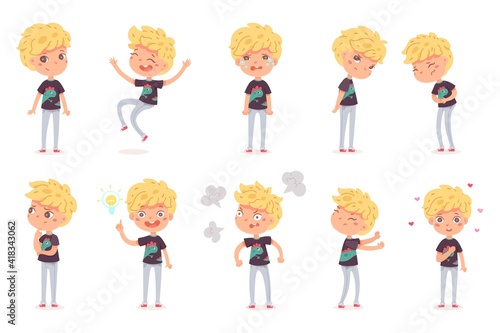 Cute boy gestures and emotions set. Child is angry, happy, crying, sad, arguing, thinking, wondering, in love, brainstorming. Vector character illustration of bundle different types of moods behavior.