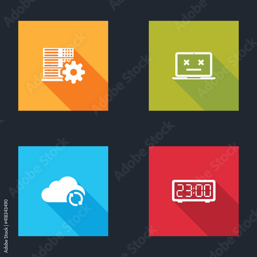 Set Server setting, Dead laptop, Cloud sync refresh and Digital alarm clock icon. Vector.