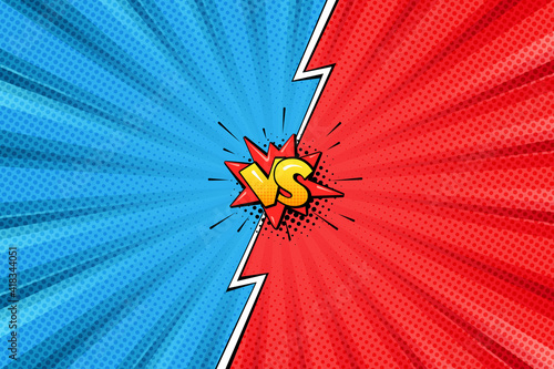 Versus pop art background template for cartoon comic book page or poster. Radial rays backdrop with halftone effect and lightning in comics style design. Red vs blue competition.